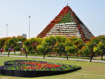 Увидеть десятиметровую цветочную пирамиду в Дубае